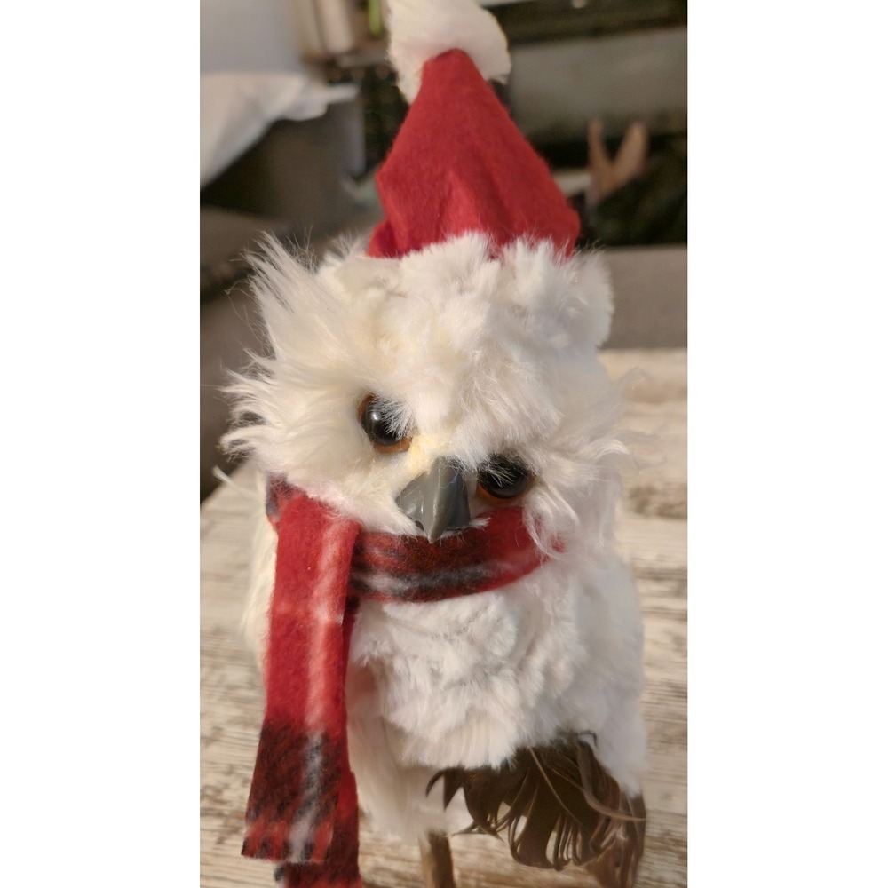 Plush Christmas Snow Owl Figurine Santa Hat Red Plaid Scarf Rustic Holiday Decor